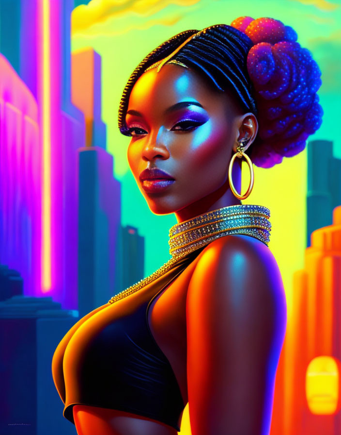 Striking makeup woman poses against neon-lit cityscape at sunset