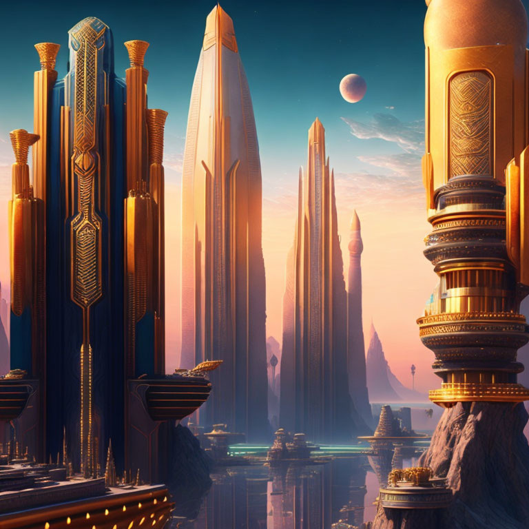 Futuristic cityscape with towering skyscrapers at sunset