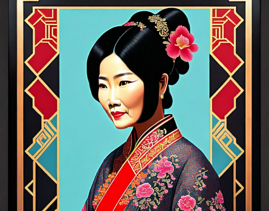 Traditional Asian attire woman illustration on blue background with floral hair accessory.