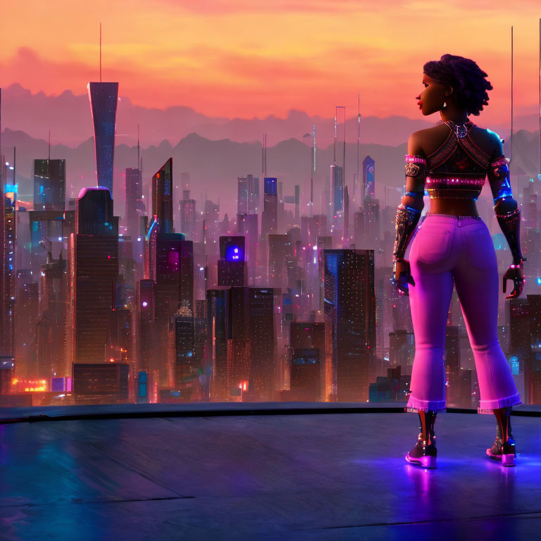 Futuristic woman with robotic arm gazes over neon cityscape at sunset