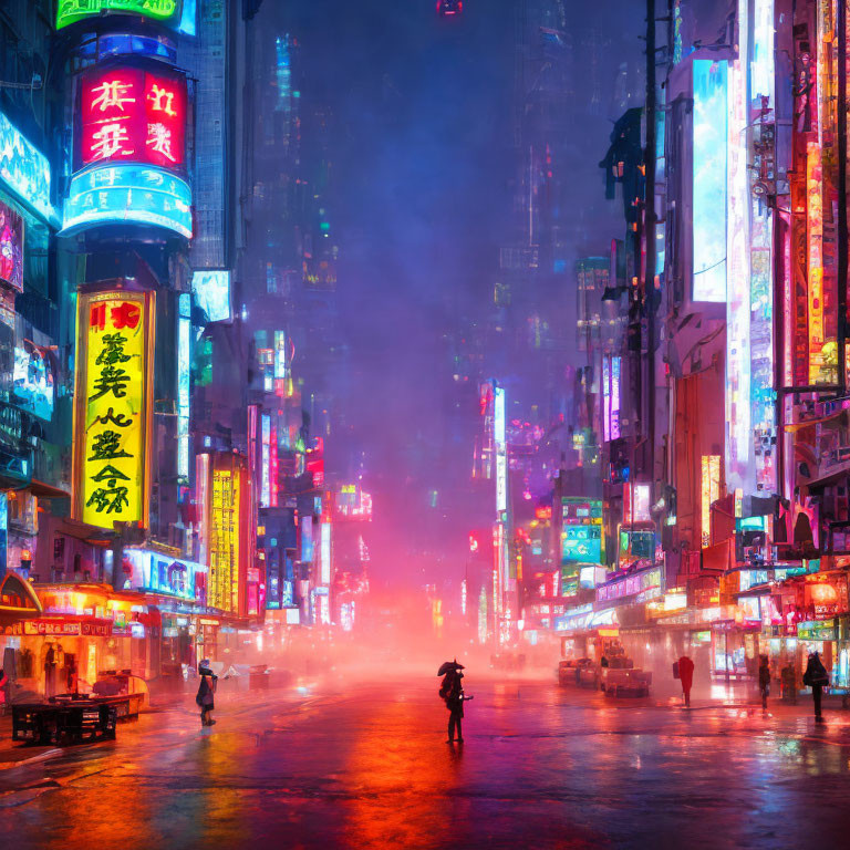 Colorful Neon-Lit Street Scene with Figure at Night