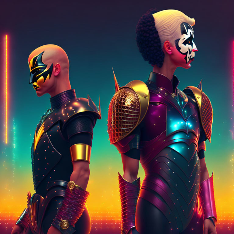 Futuristic stylized characters in armor and masks on neon-lit backdrop