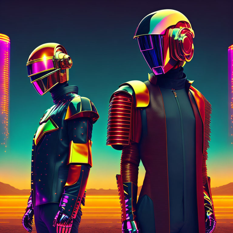 Futuristic figures in neon-lit cityscape at dusk