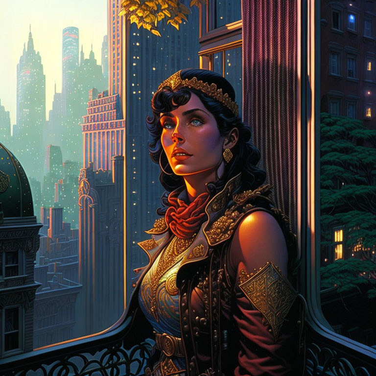 Dark Curly-Haired Woman in Ornate Armor on Balcony with City Skyline