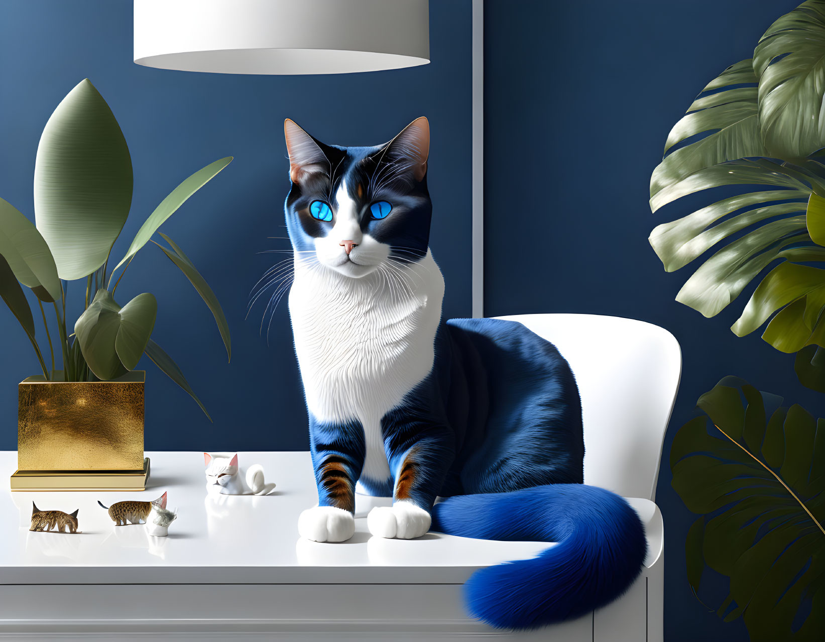 Stylized blue and white cat illustration on white desk with gold box and cat figurines, dark