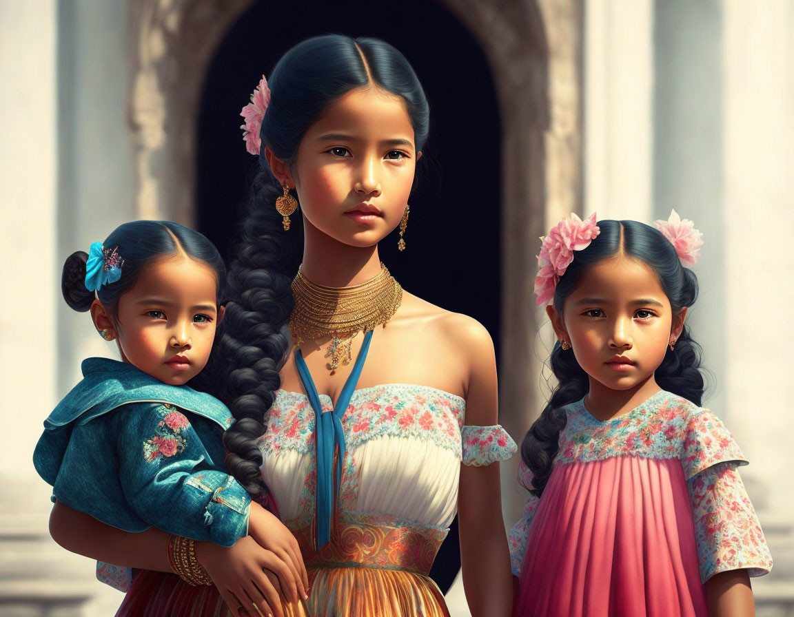 Three young girls in traditional attire with floral accents standing before an architectural backdrop