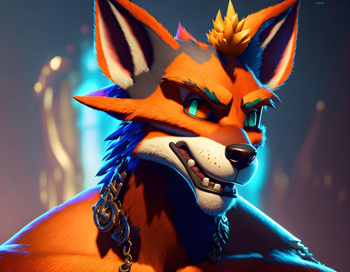 Colorful 3D illustration of mischievous fox with crown & chain necklace