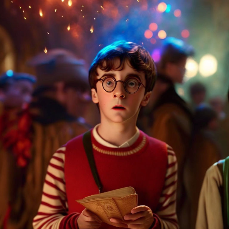 Boy in Round Glasses Surprised in Crowd with Sparkling Lights