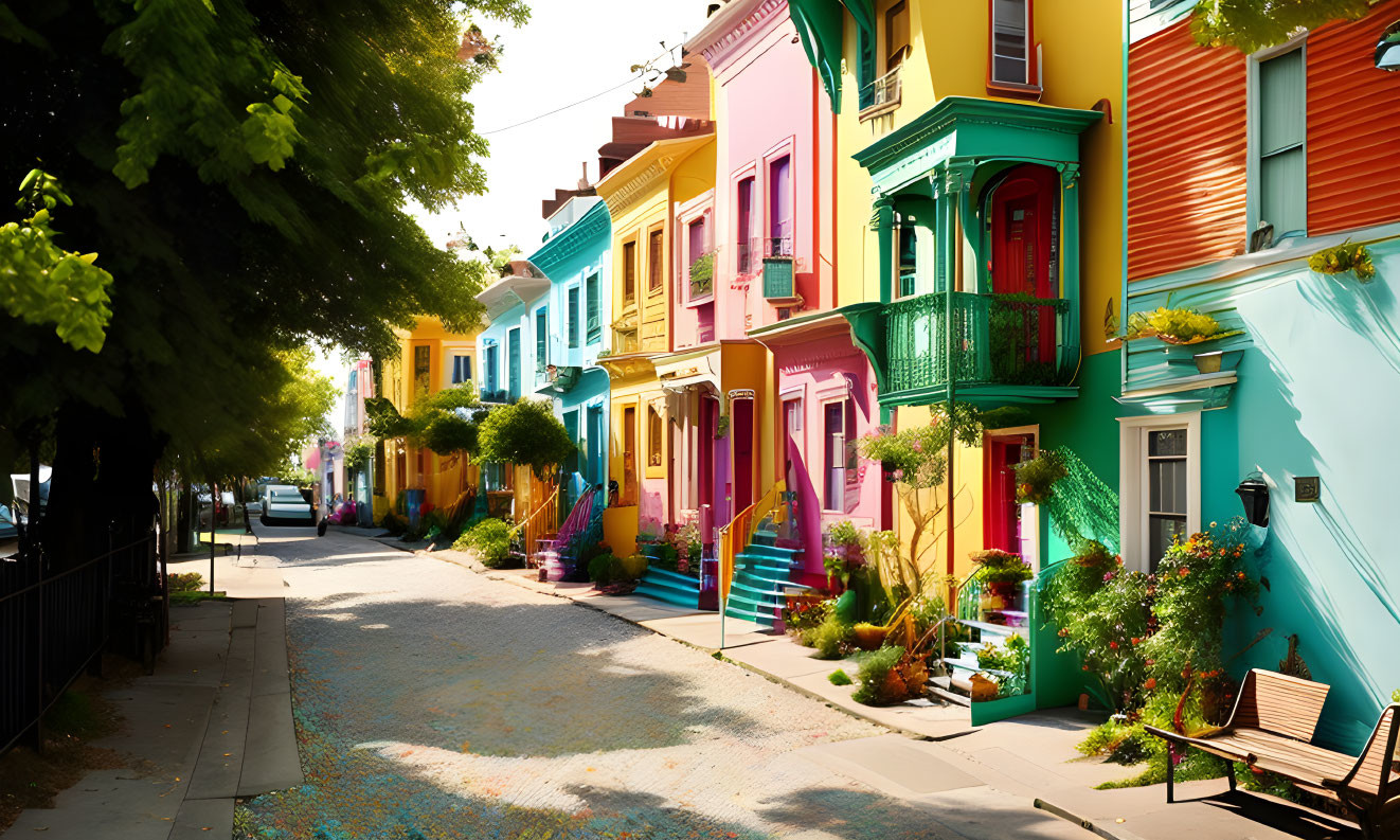 Colorful Row Houses on Vibrant Street with Lush Trees and Blue Sky