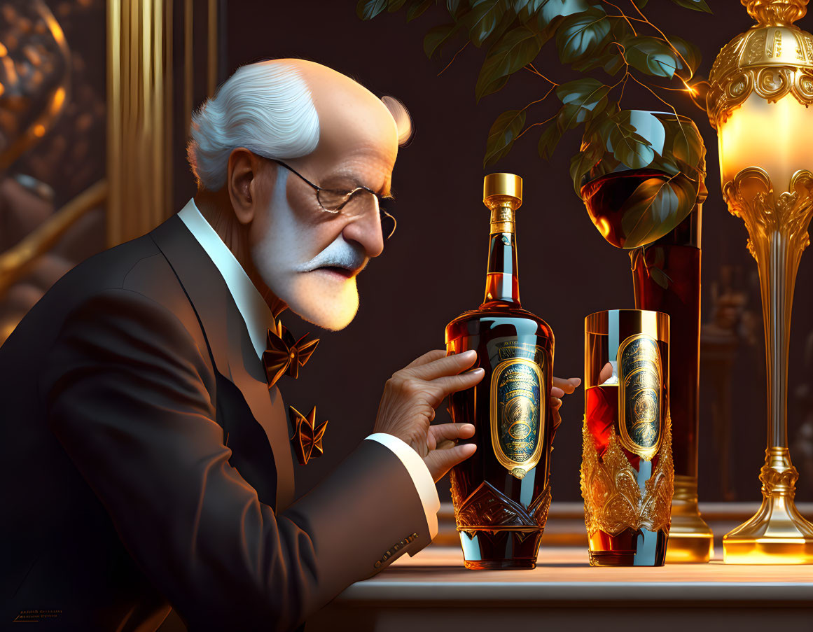 Elderly gentleman in suit with liquor bottle and tumbler in luxurious setting