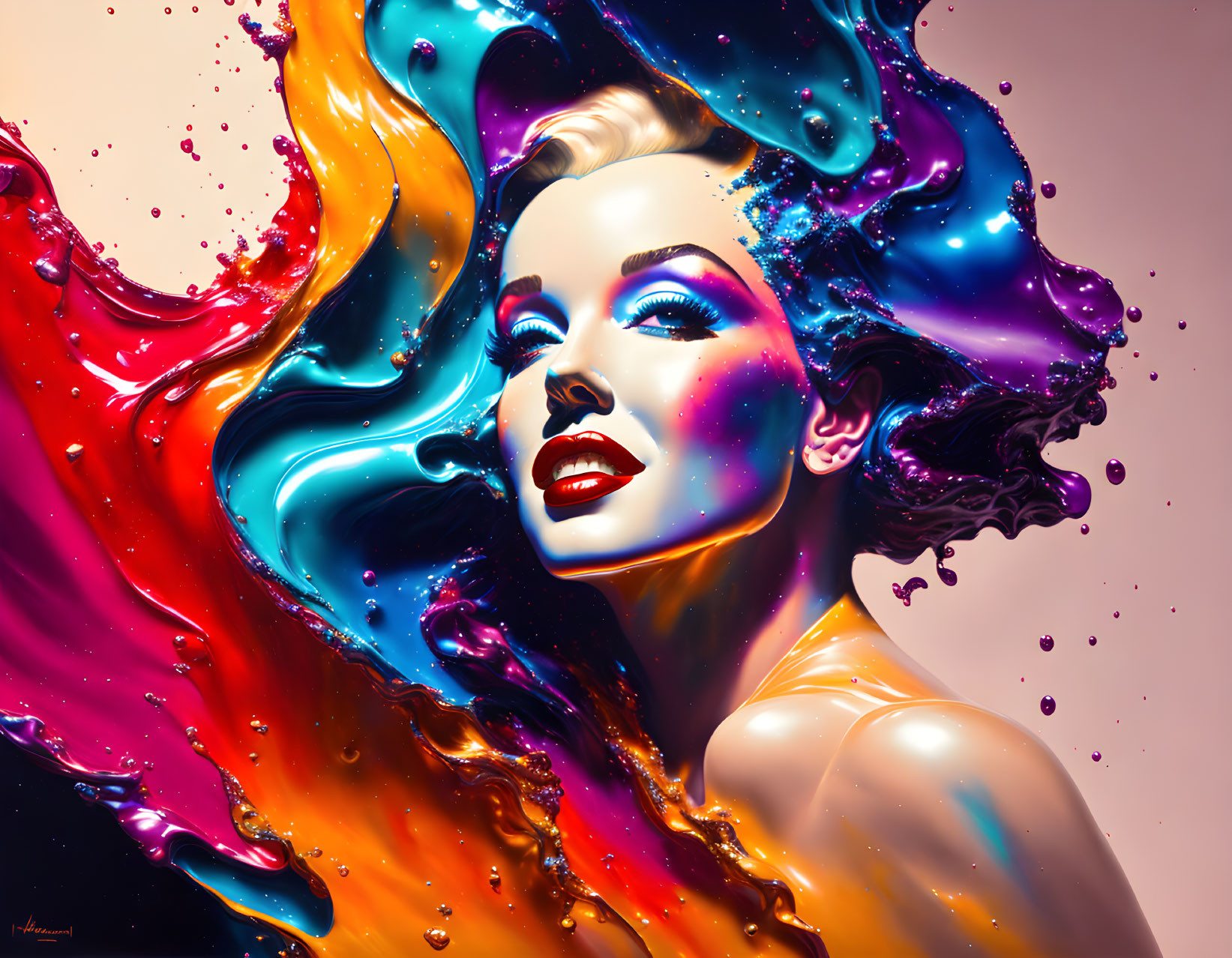 Colorful liquid splashes swirl around woman in vibrant digital artwork