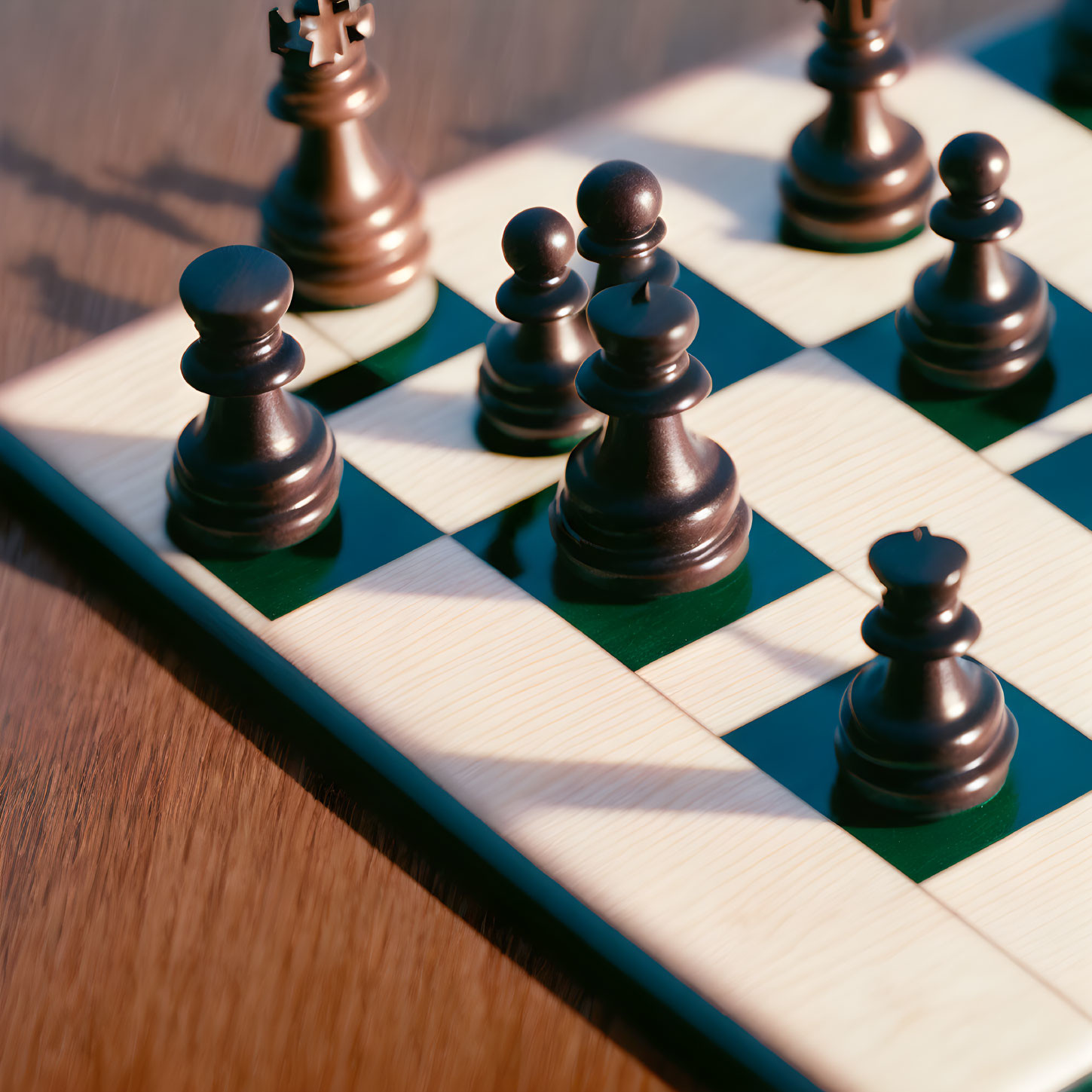 Chessboard close-up: Black pieces casting shadows