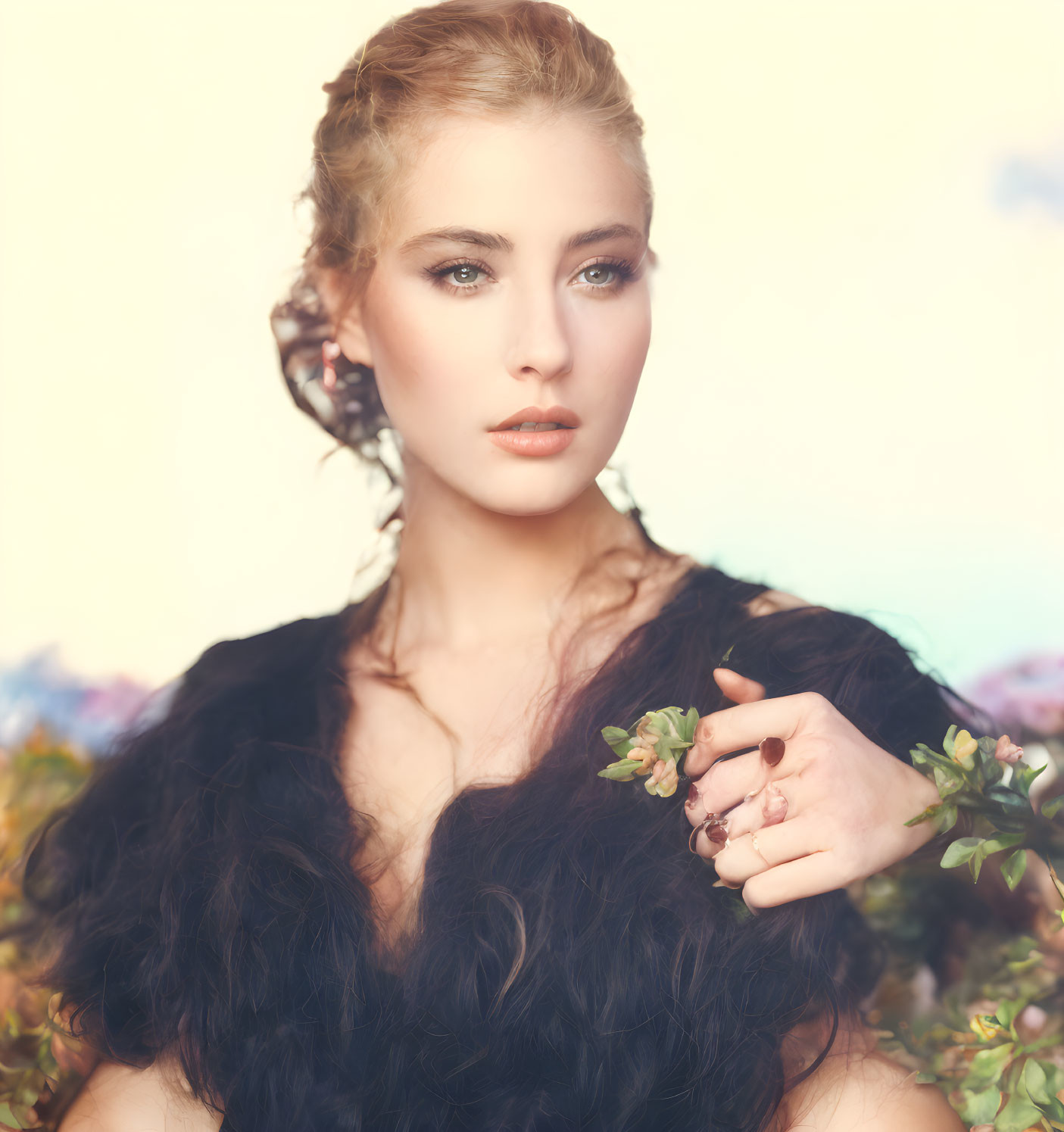 Woman with braided updo in dark feathery attire holding greenery