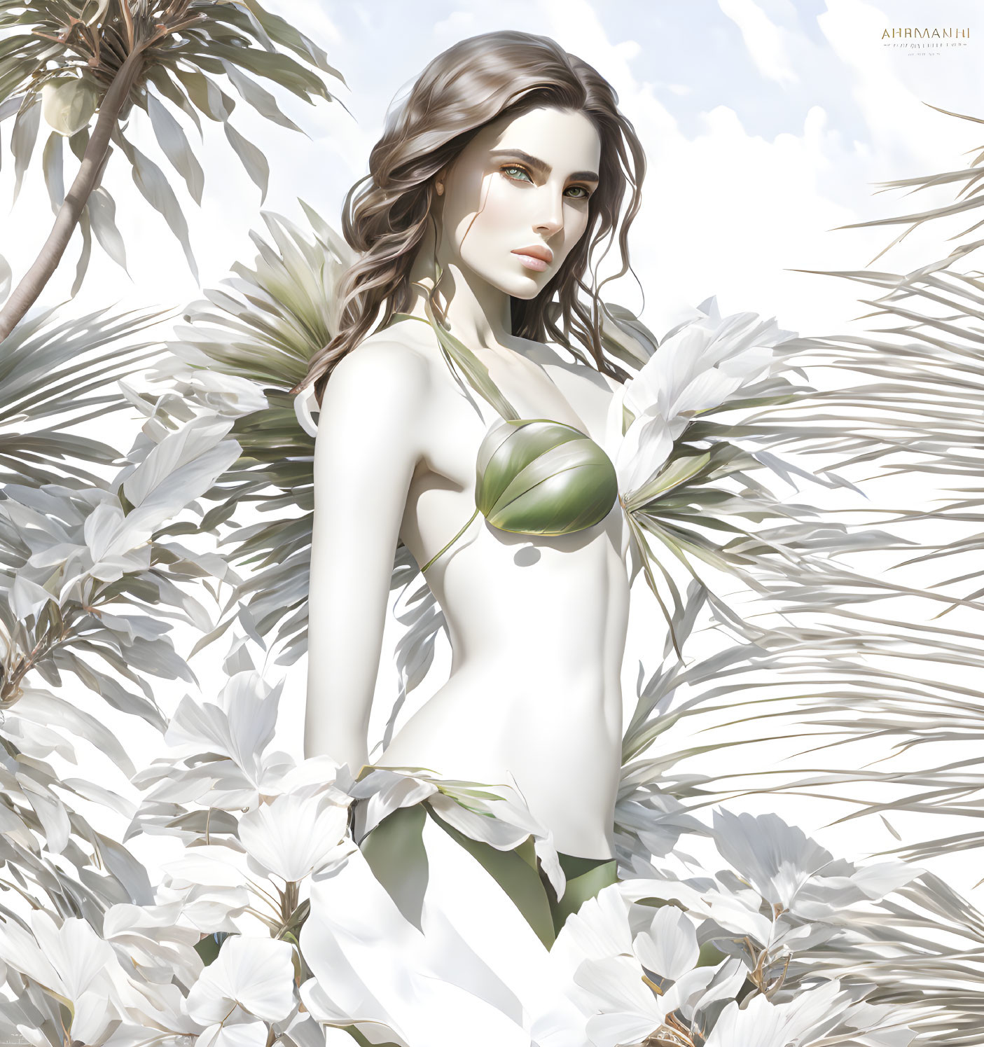 Monochrome green digital art: Woman with tropical foliage pose