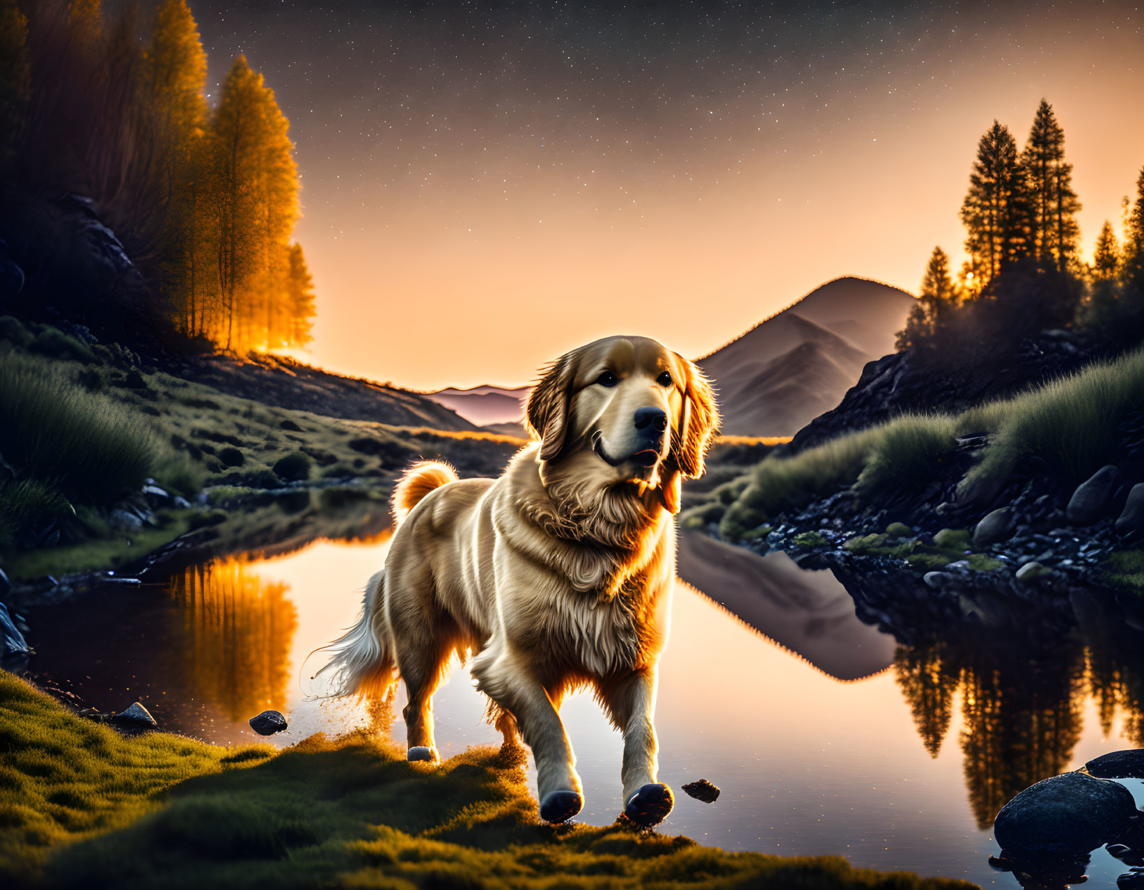 Golden retriever by serene river at twilight with starry sky