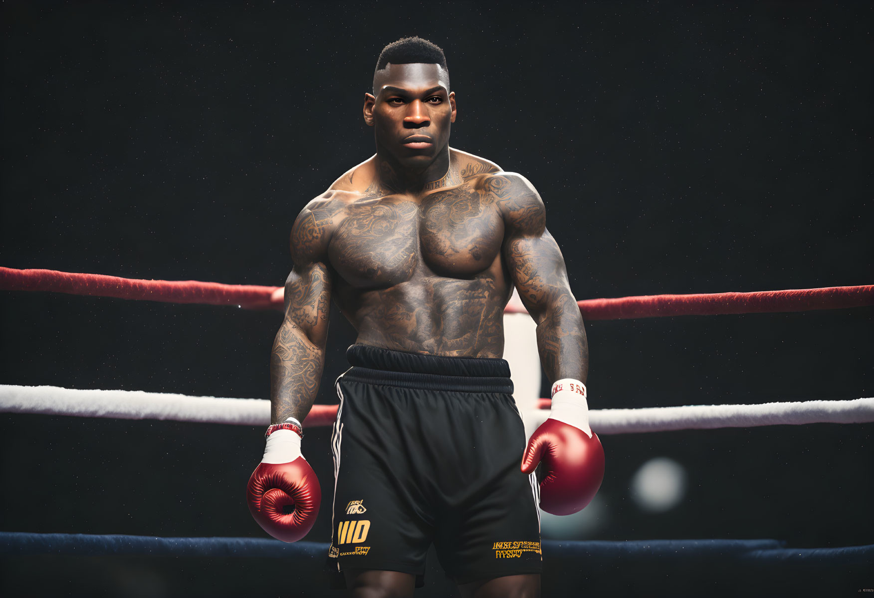 Muscular tattooed boxer in red gloves ready for match