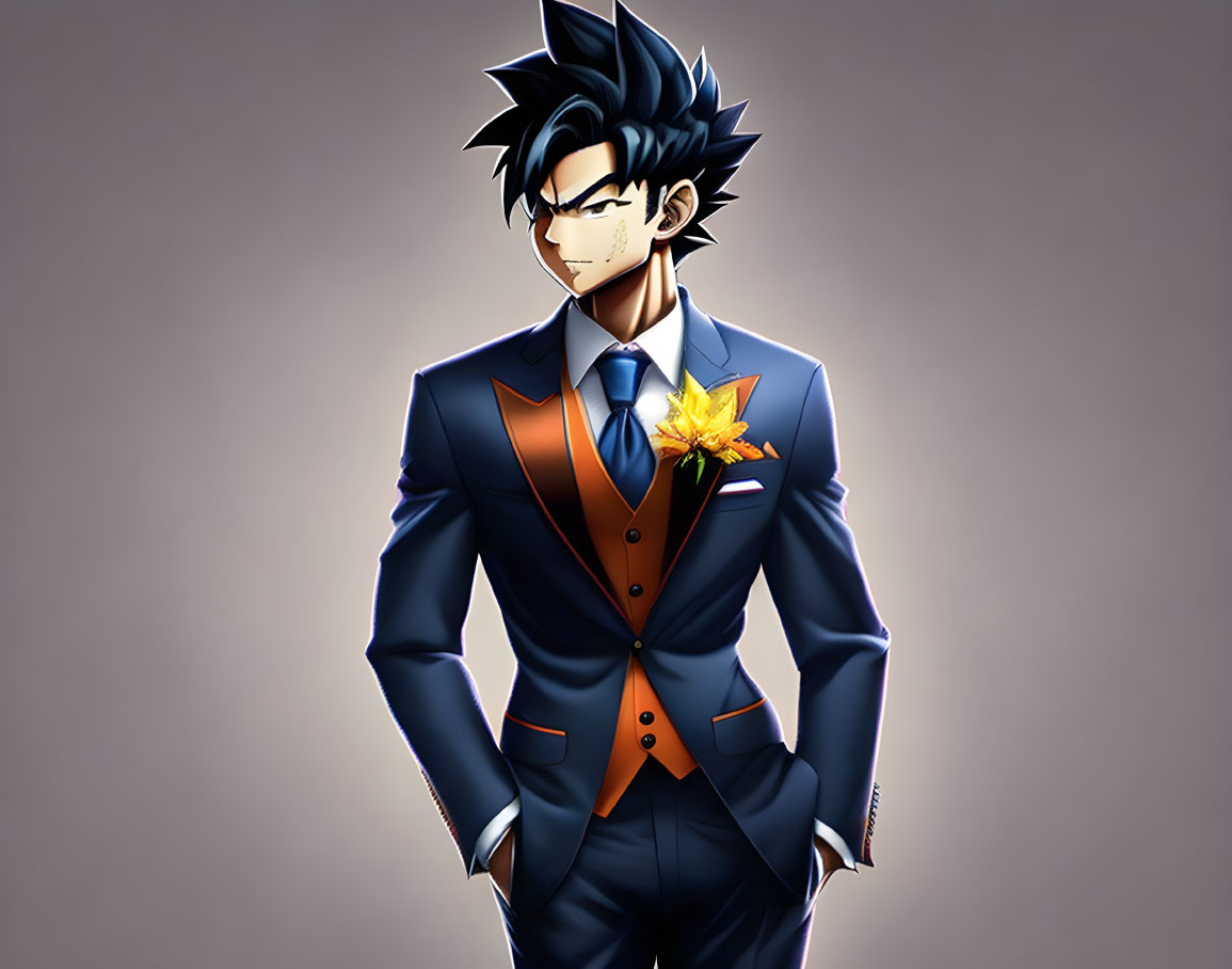 Confident man in blue suit with spiky hair and orange vest.