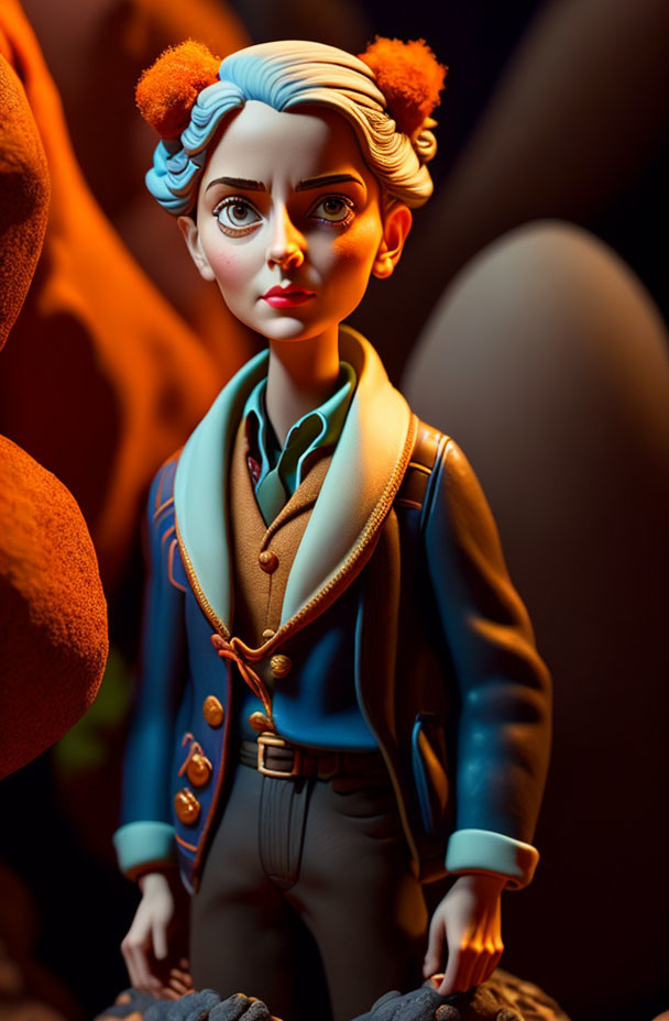 Blue-Haired Character Figurine in Vintage Suit on Dark Background