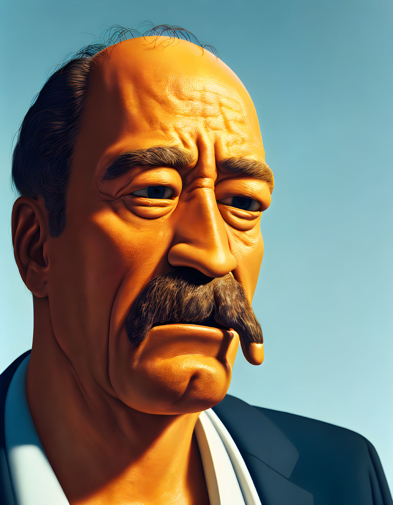 Stylized portrait of man in suit with mustache on plain background