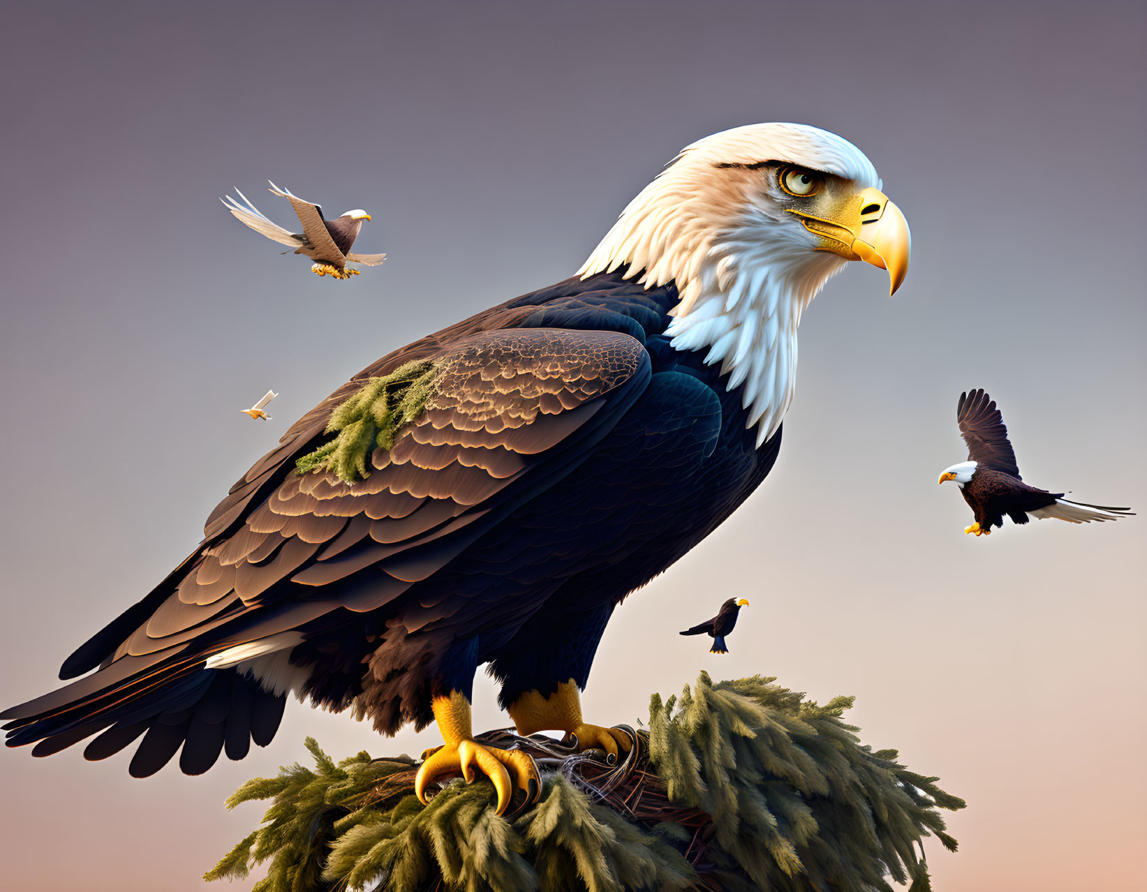 Majestic bald eagle perched with three flying in background