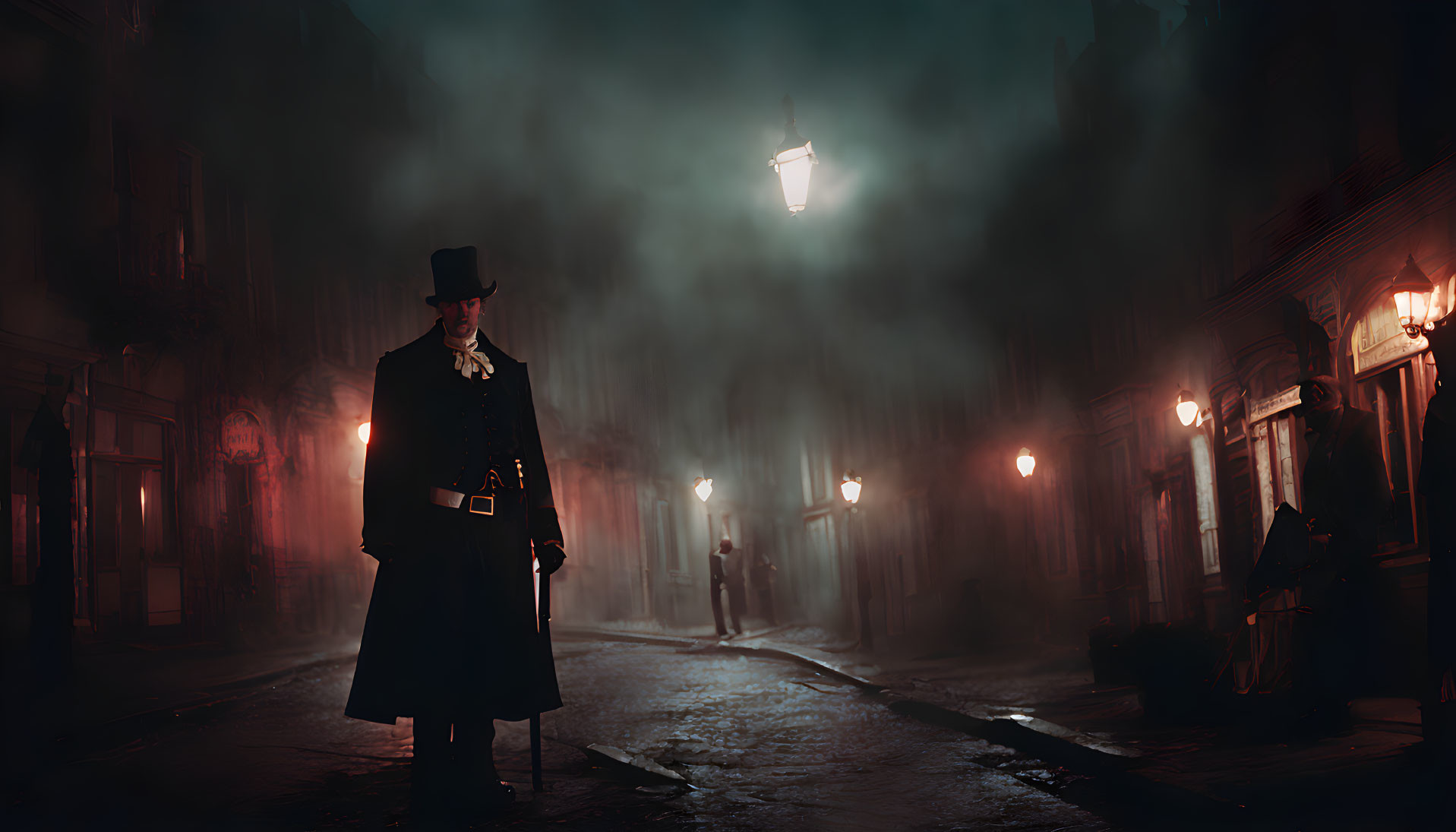 Man in 19th-Century Attire on Foggy Gaslit Street