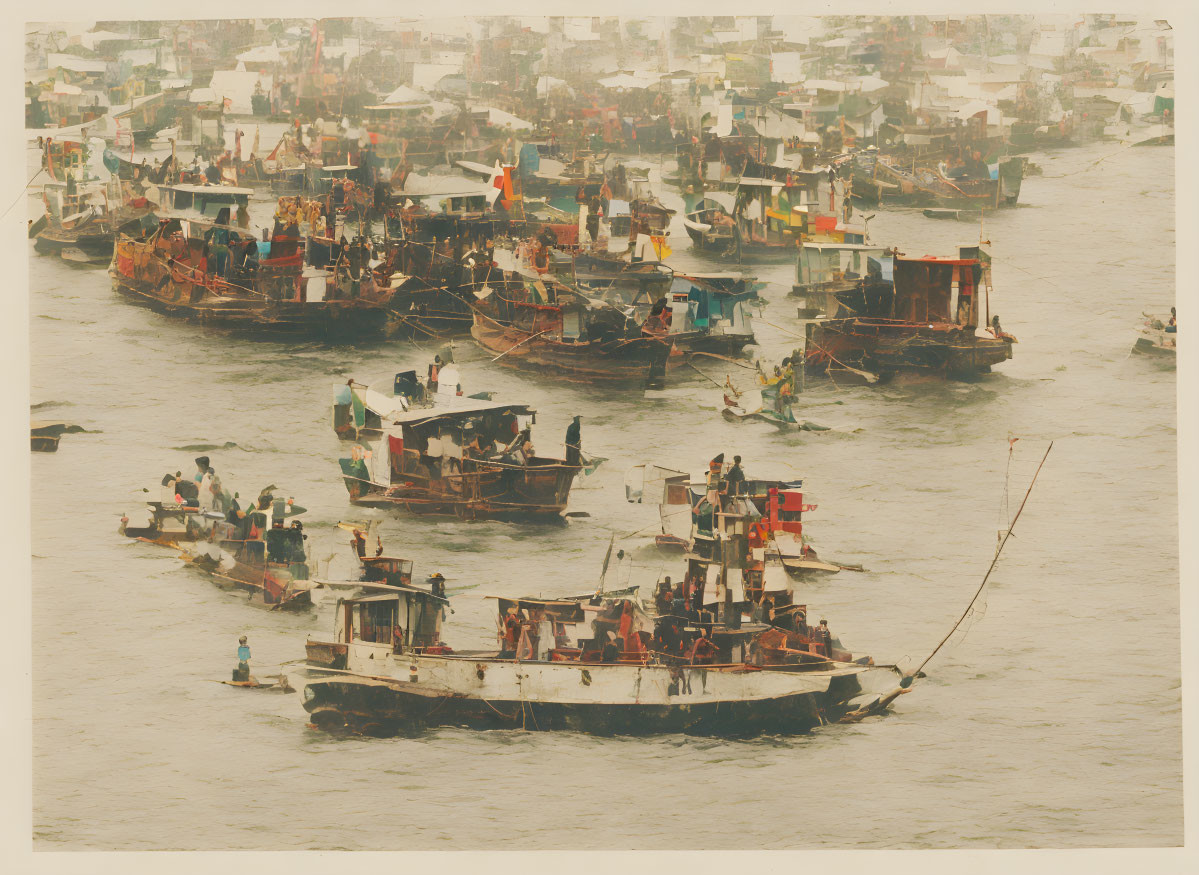 Colorful fishing boats in a crowded hazy waterway