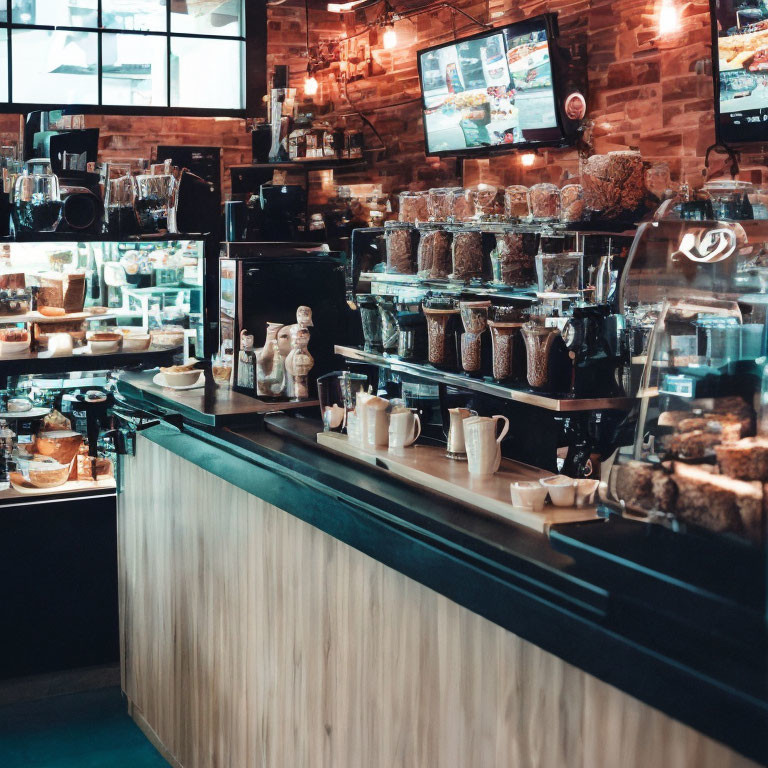 Cafe interior with espresso machine, baked goods, coffee beans, and TV on brick wall