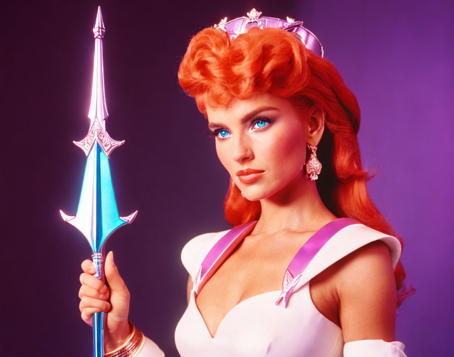 Fantasy character with red hair, tiara, and spear on purple background