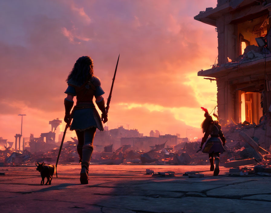 Warrior woman and dog in ruins at sunset with spear-wielding figure and damaged city skyline