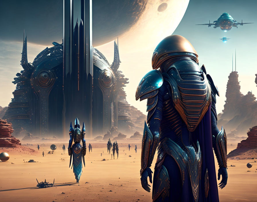 Armored alien figures on desert planet with futuristic structures