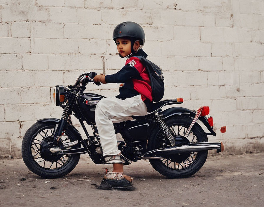 Child in Helmet on Miniature Black Motorcycle Against White Wall