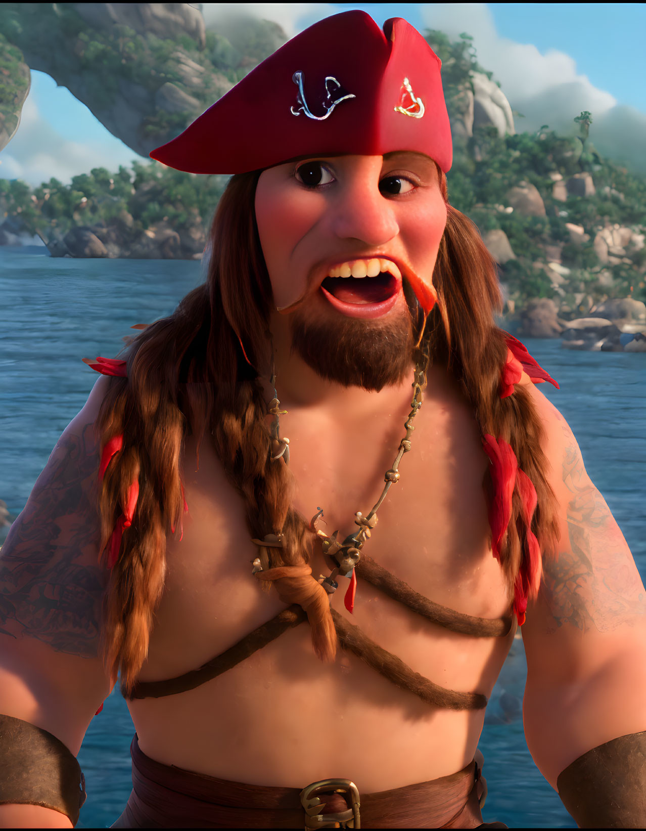 Animated pirate with red bandana, braided beard, tattoos, and knife by the coast