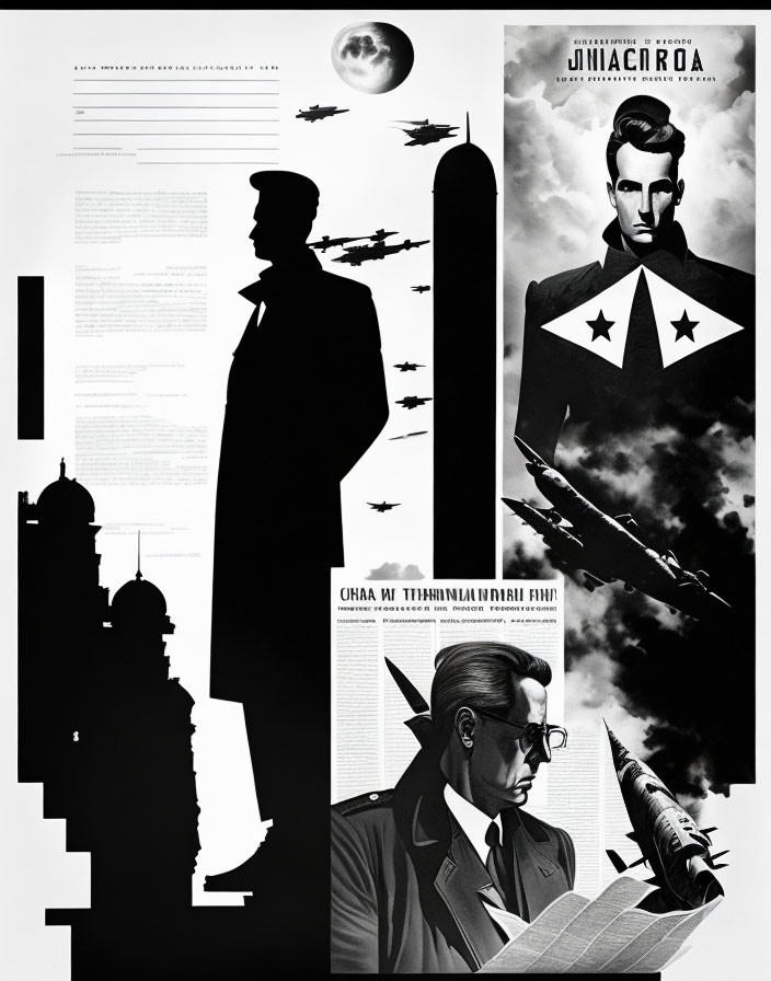 Monochromatic collage of man in military and aviation poses