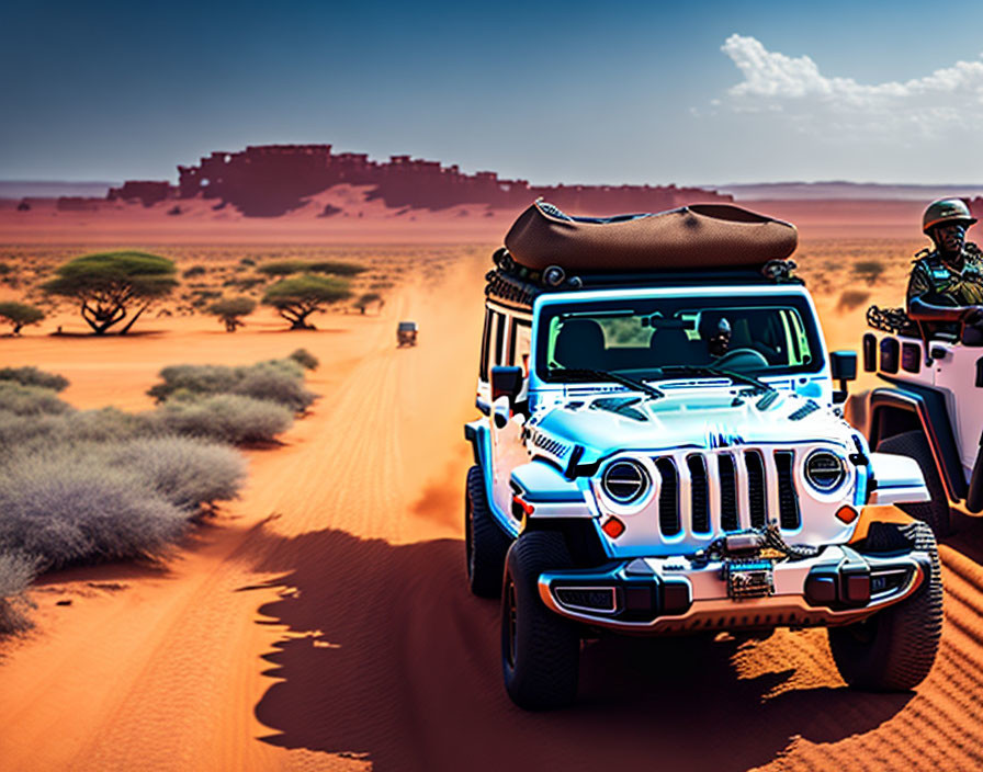 Decorated Jeeps in Desert Convoy with ATV Guide and Ancient Fortress