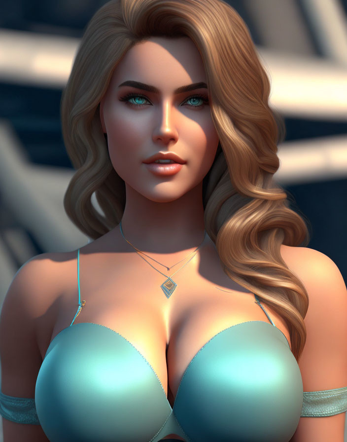 Blonde woman with green eyes in teal top and necklace