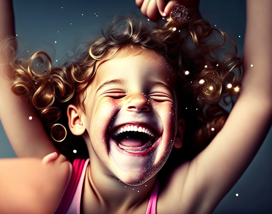 Curly-Haired Child Laughing Surrounded by Sparkling Lights