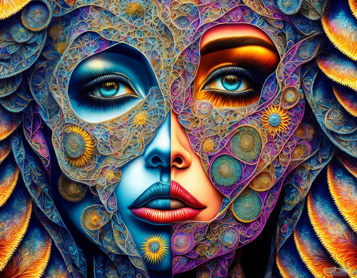 Colorful symmetrical face art with butterfly-wing-like design