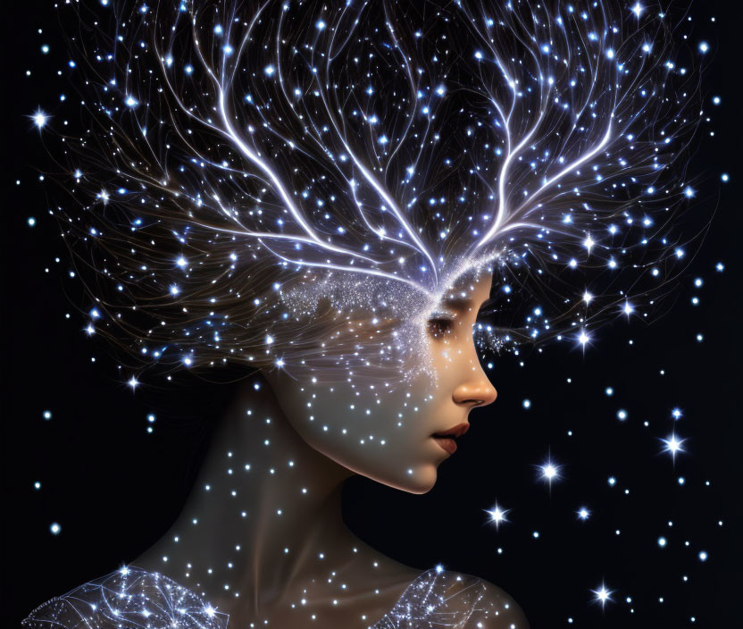 Digital artwork: Woman with tree branches and glowing lights, cosmic and magical theme