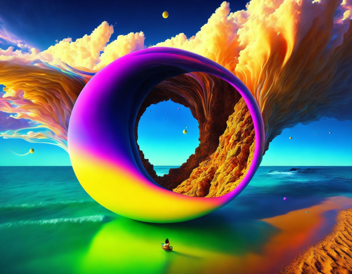 Colorful digital artwork of surreal beach with torus portal, fiery clouds, and floating orbs