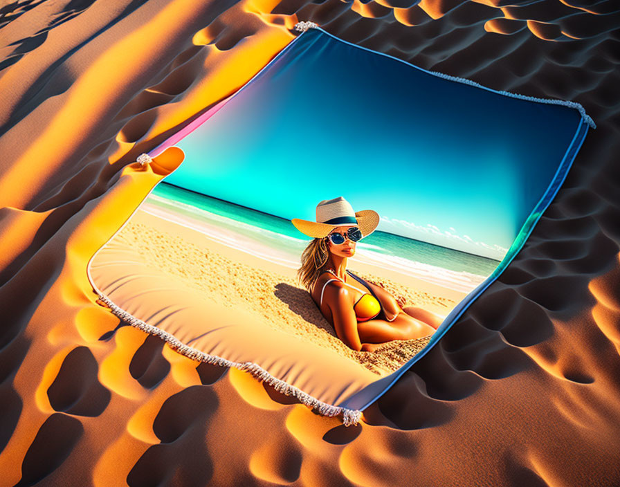 Woman in bikini and hat mirrored on sandy beach dunes