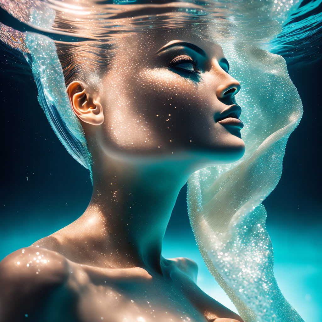 Woman Submerged in Water with Air Bubbles and Mystical Glow