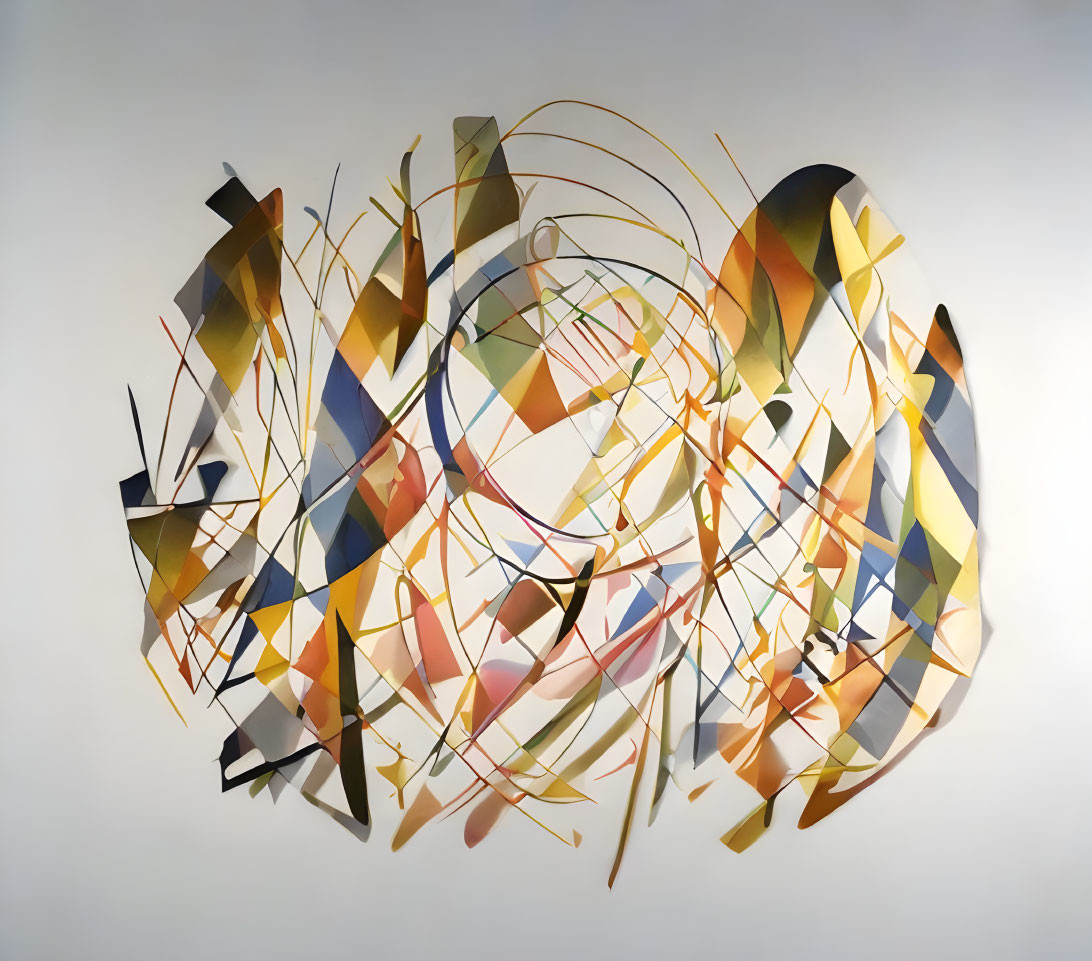 Three-dimensional abstract wall art with intertwined shapes and lines in earthy and metallic tones