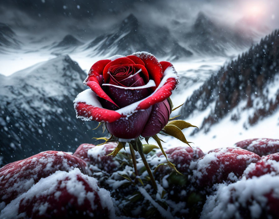 Red Rose Covered in Snow Against Snowy Mountains and Cloudy Sky