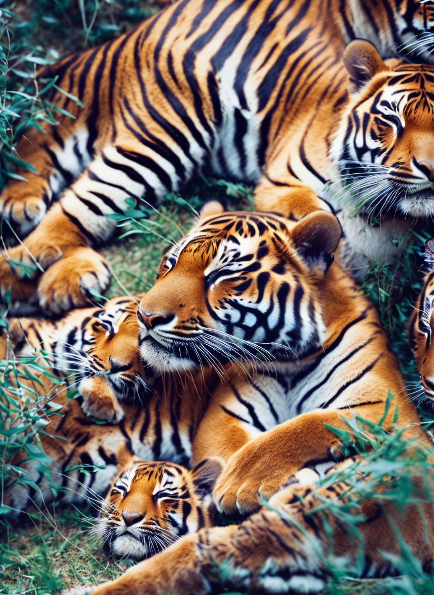 Three Bengal Tigers Resting Closely in Lush Greenery