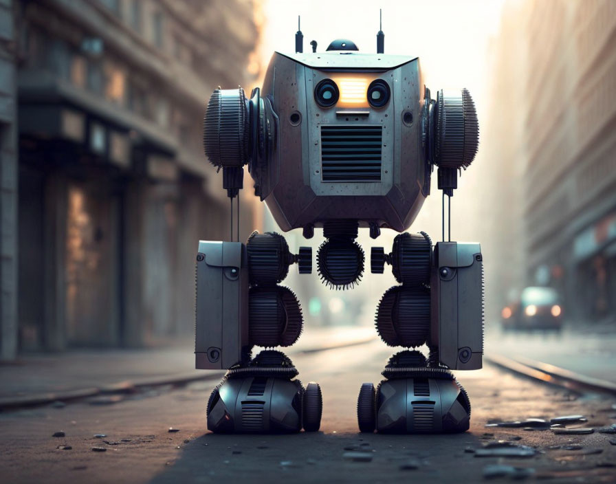 Square-bodied robot with round eyes on tank treads in deserted street under soft sunlight