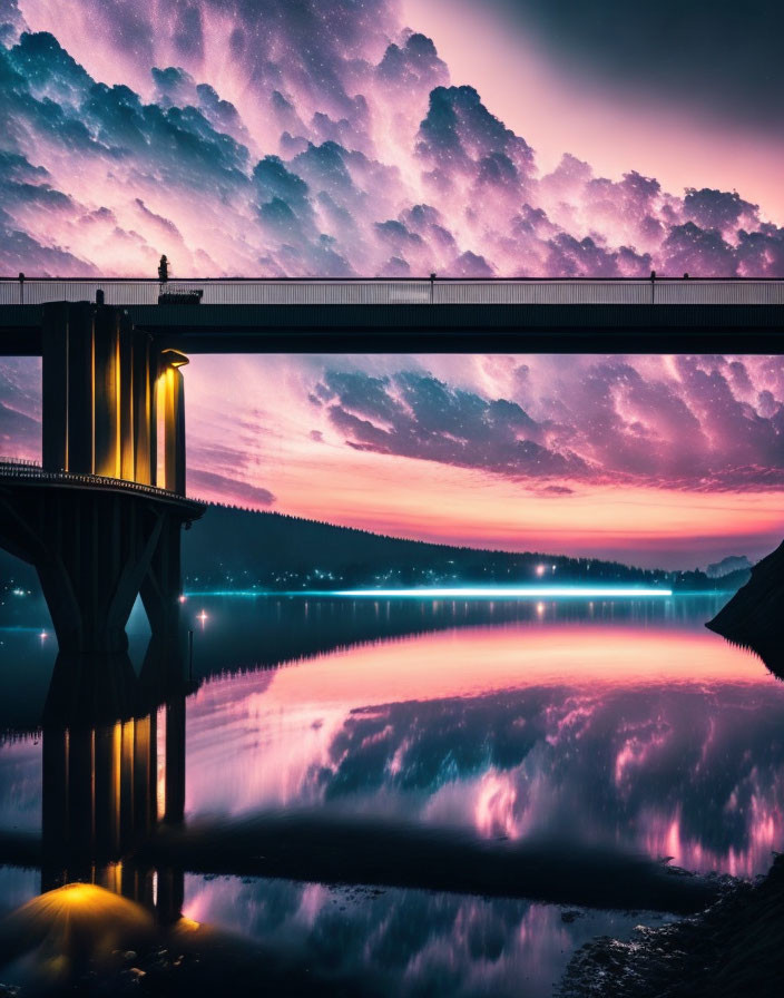 Golden-lit bridge over tranquil lake under purple-pink sunset sky