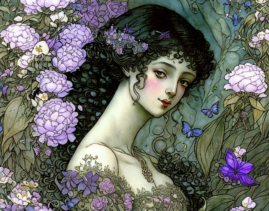 Art Nouveau style illustration of woman with dark curls, floral wreath, hydrangeas, and