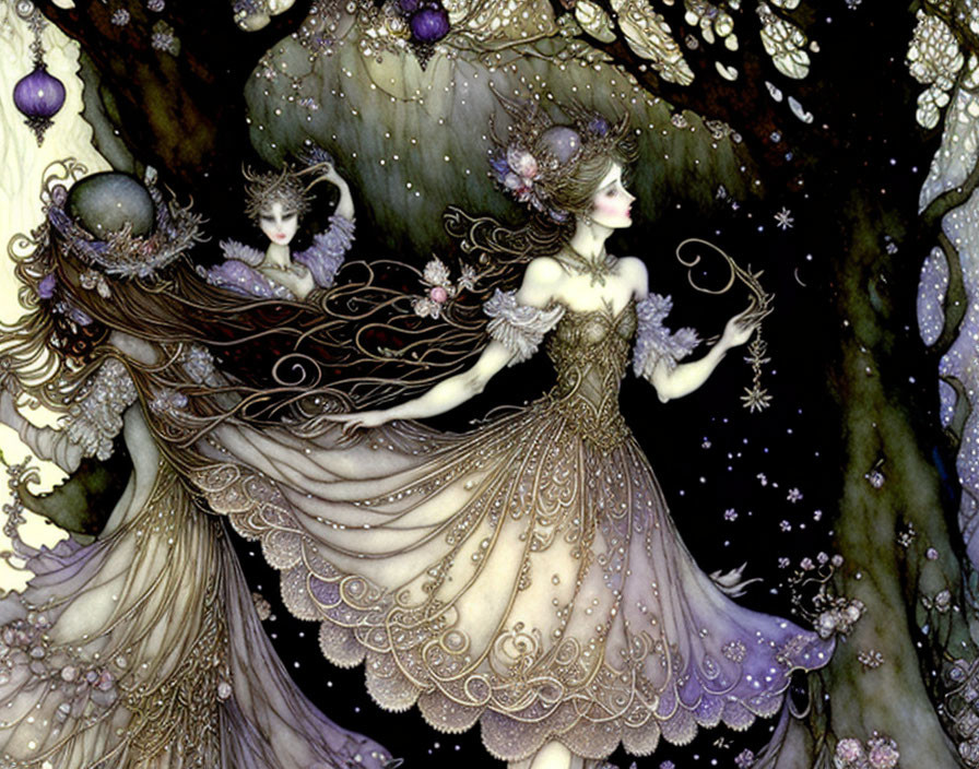 Ethereal women in flowing dresses with floral adornments in mystical woodland.