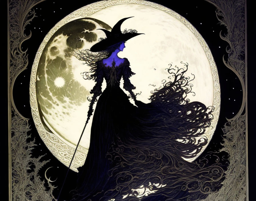 Mystical figure silhouette with cloak and staff against detailed full moon