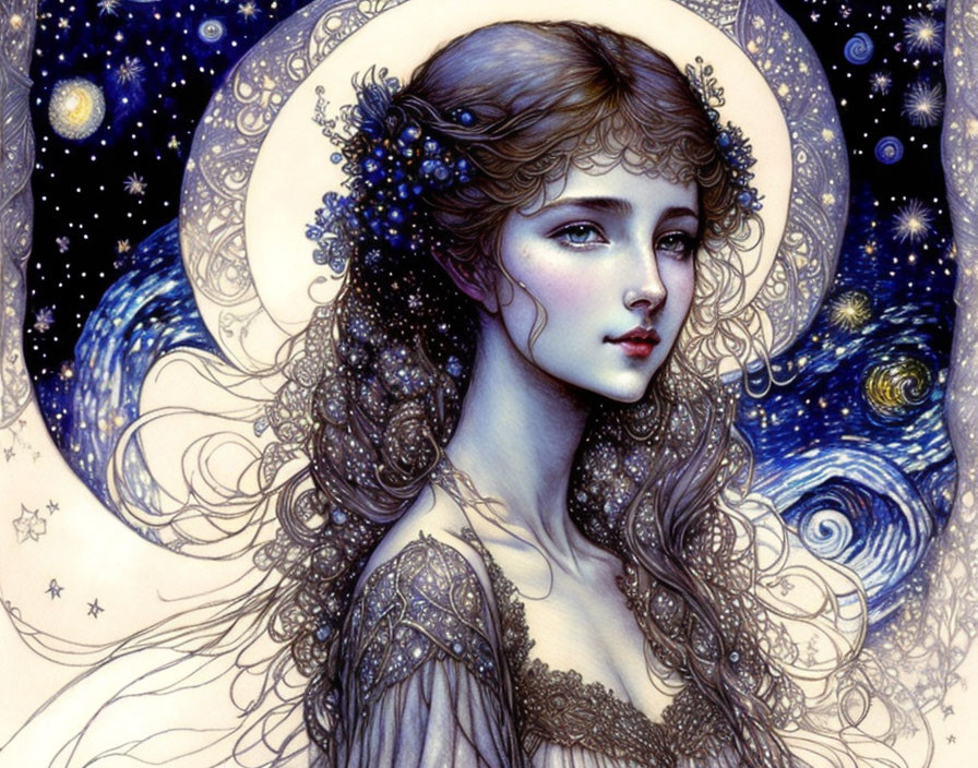 Detailed Illustration: Young Woman with Flowing Hair and Elaborate Headdress in Starry Night